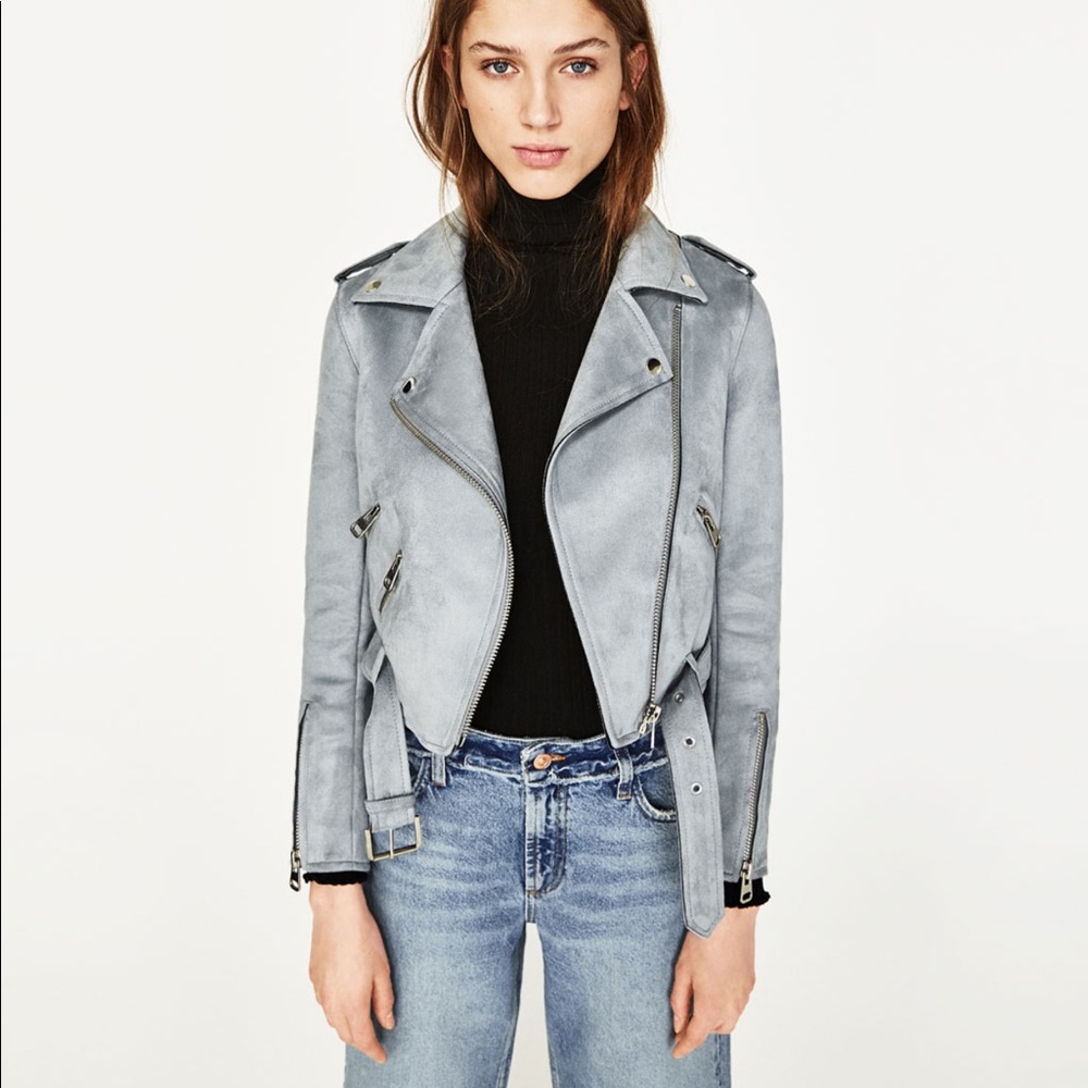 Zara Suede Moto Jacket in Pale Blue